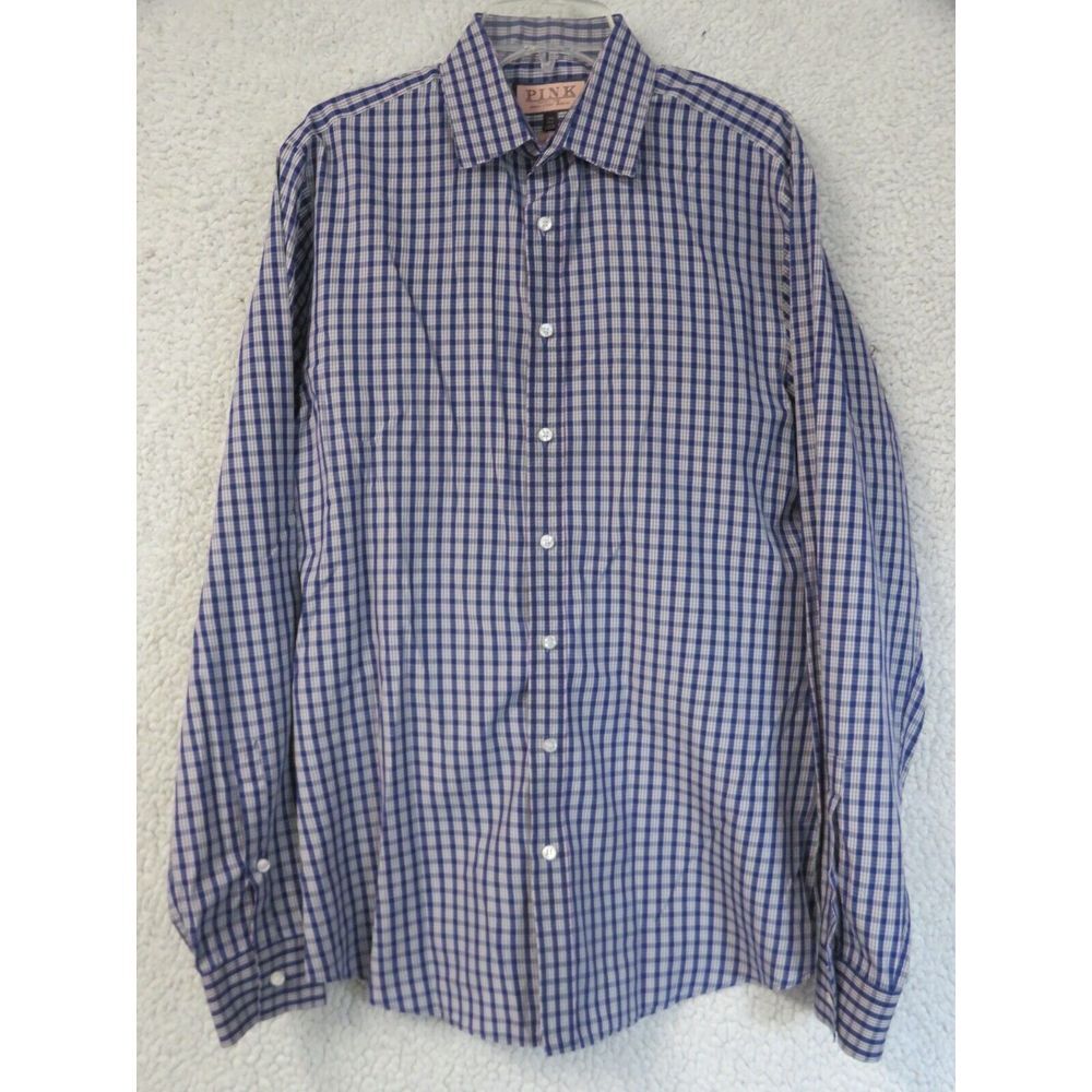 Mens Thomas Pink Long Sleeve Button Front Dress Shirt Size 15.5 Super Slim Blue